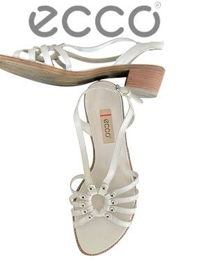 Ecco Off White Strappy/Stud Accents Leather Upper T-Bar Sandal (EU 38/US 7-7.5)